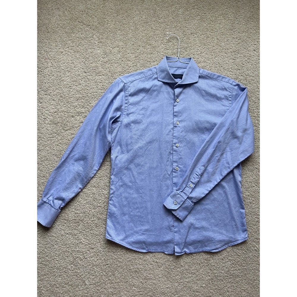 Trussardi Men 38 15 1/2 100% Cotton Dress Shirt Solid Blue Italian Fashion